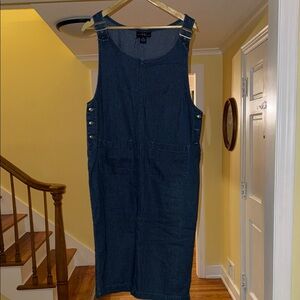 Dark Blue Denim Midi Pinafore Dress with Front Pockets